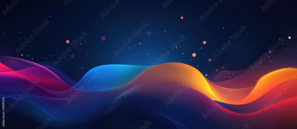 Poster abstract dark blue background with colorful lines and bokeh effects