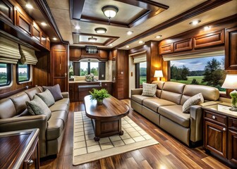 Luxurious 5th wheel RV interior features rich wood tones, plush furnishings, and modern appliances, creating a cozy