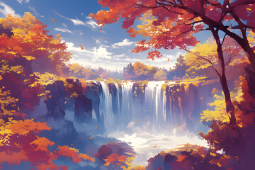 Cascading waterfall framed by trees with leaves ranging from deep red to bright yellow, with mist creating a mystical atmosphere