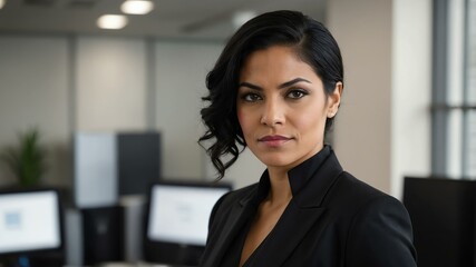 Fototapeta premium adult black hair hispanic woman in black formal attire model portrait looking confident on an office background for ad concept space for text