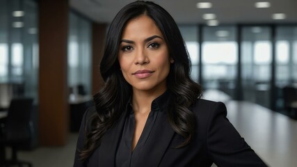 Fototapeta premium adult black hair hispanic woman in black formal attire model portrait looking confident on an office background for ad concept space for text