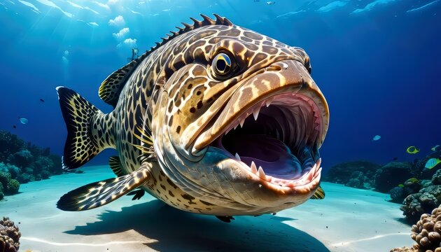 Close-up underwater photograph of a large goliath grouper fish with a patterned body and open mouth