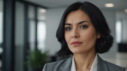 Fototapeta premium adult black hair finnougric woman in gray formal attire model portrait looking confident on an office background for ad concept space for text