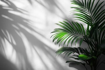 minimalist white wall with delicate leaf shadows soft natural light creating subtle patterns clean composition with negative space hint of plant visible in corner
