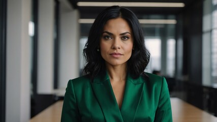 Fototapeta premium adult black hair european woman in green formal attire model portrait looking confident on an office background for ad concept space for text