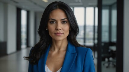 Fototapeta premium adult black hair european woman in blue formal attire model portrait looking confident on an office background for ad concept space for text