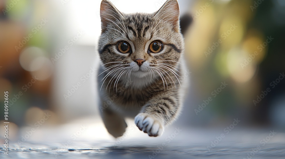 Poster a playful cat running towards the camera in a vibrant setting.