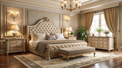Luxurious king-size bedroom set with sturdy wooden frame, plush mattress, and elegant nightstands, surrounded by
