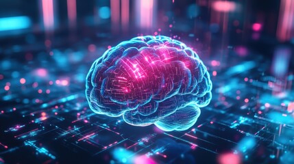 A detailed 3D brain floats in mid-air, surrounded by holographic data projections and glowing circuits, vibrant blue and pink tones.