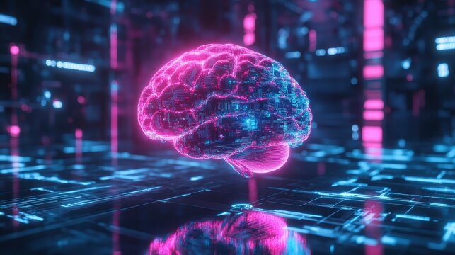 A detailed 3D brain floats in mid-air, surrounded by holographic data projections and glowing circuits, vibrant blue and pink tones.