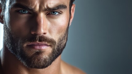 Fototapeta premium A close-up image of a muscular man, relaxed but intense expression, looking straight at the camera