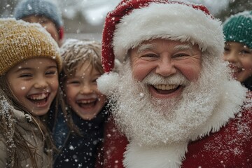 In a snowy winter wonderland, a jolly Santa Claus delights in the company of gleeful children, capturing the magic and warmth of the holiday season.