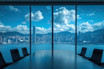 Fototapeta premium cityscape of hong kong in blue cloud sky from empty office