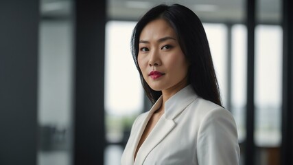 Naklejka premium adult black hair asian woman in white formal attire model portrait looking confident on an office background for ad concept space for text