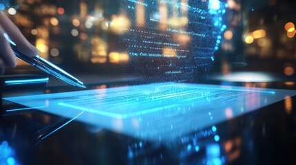 Business deal represented by a holographic contract floating in mid-air, glowing lines, futuristic style, high resolution, digital illustration.