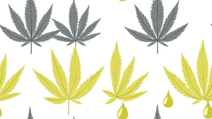 Seamless pattern of grey medical marijuana or cannabis leaf with olive oil drop icon on a white background Cannabis extract and hemp symbol