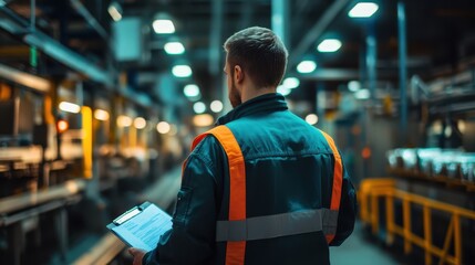 Worker facing away from the camera, inspecting stock on the production line, close-up of the back and the clipboard, bright factory lighting