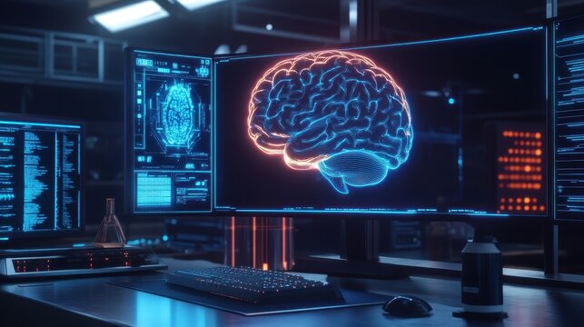A glowing 3D brain floating above a sleek computer monitor, holographic interface on the screen, neon blue lights, high-tech lab, 3D render.