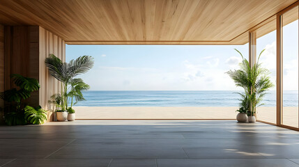 Fototapeta premium Modern Minimalist Beach House Interior Design 3D Illustration