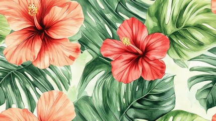 Tropical floral watercolor illustration featuring palm leaves and hibiscus in seamless patterns