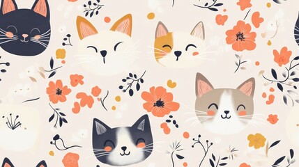 Adorable seamless pattern featuring cat faces on a floral backdrop Vintage inspired print suitable for apparel textiles and paper products Hand drawn illustration for decorative and design purposes