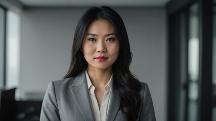 Fototapeta premium adult black hair asian woman in gray formal attire model portrait looking confident on an office background for ad concept space for text