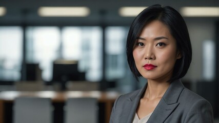 Naklejka premium adult black hair asian woman in gray formal attire model portrait looking confident on an office background for ad concept space for text