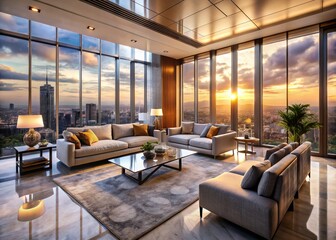 Fototapeta premium Luxurious modern living room with sleek furniture, marble accents, and floor-to-ceiling windows showcasing a stunning