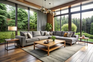 Luxurious modern living room with sleek gray sofa, wooden coffee table, and minimalist decor, surrounded by