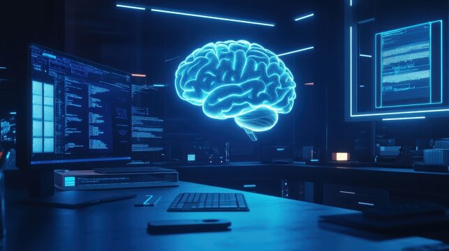 A glowing 3D brain floating above a sleek computer monitor, holographic interface on the screen, neon blue lights, high-tech lab, 3D render.