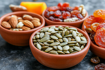 Fototapeta premium autumn snack mix with pumpkin seeds, raisins, and almond