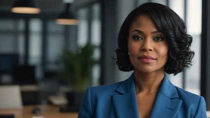 Obraz premium adult black hair american woman in blue formal attire model portrait looking confident on an office background for ad concept space for text
