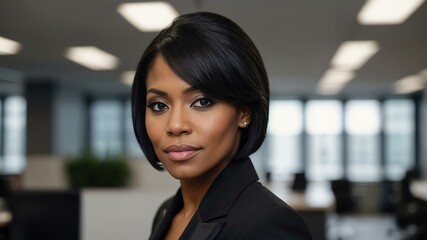 Naklejka premium adult black hair american woman in black formal attire model portrait looking confident on an office background for ad concept space for text