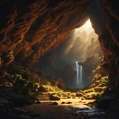 a waterfall is in the background and the sun is shining through the cave