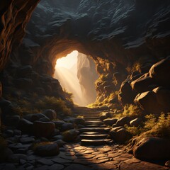 a cave with a light shining through it