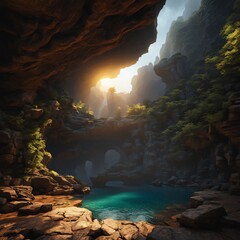 a pond in a cave with a light shining through it