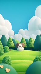 Cute Cartoon Dog in a Whimsical Landscape