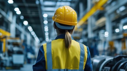 A worker in uniform checking inventory on the assembly line, back turned to the camera, close-up shot with detailed focus on the industrial environment