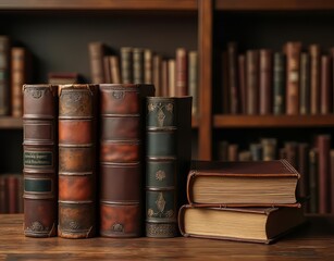Naklejka premium Antique Binders: A Timeless Collection of Leather-Bound Volumes