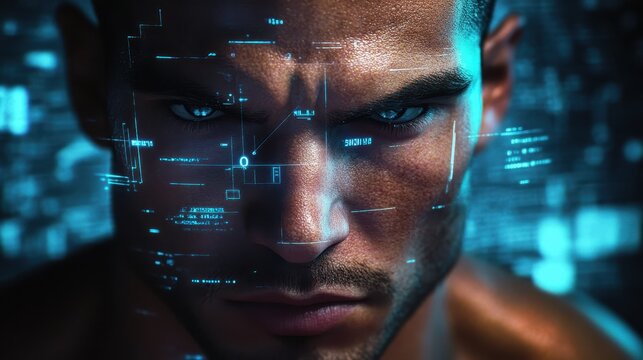 Close-up of a muscular man's intense gaze, high-definition textures, digital holographic interface around him, deep shadows, futuristic lighting.