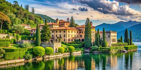 Fototapeta premium Majestic 16th-century Italian Renaissance palace surrounded by lush gardens and serene lake waters, showcasing