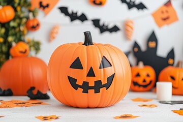 Jack-o'-Lantern Grin: A carved pumpkin takes center stage, surrounded by spooky Halloween decorations in a festive, atmospheric scene. 