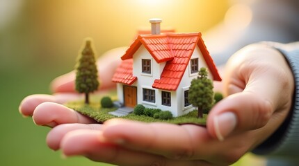 Holding a model house in hand, symbolizing the dreams of home ownership and real estate investment