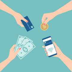 Payment methods. Female hands holding card, banknotes, coin and smartphone with contactless payment. Flat vector illustration