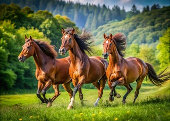 Majestic brown horses gallop freely together in a lush green meadow, manes flowing in the wind, surrounded by