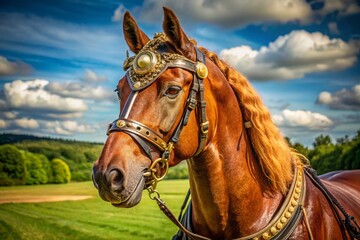 Obraz premium Majestic chestnut horse wearing ornate leather blinders with shiny brass buckles and decorative stitching, standing