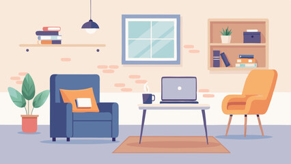 Illustration of a cozy home office with comfortable chairs and decorative elements.