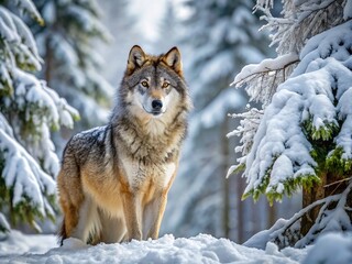 Obraz premium Majestic gray wolf stands alert in a snowy forest, its piercing yellow eyes fixed on the distance, surrounded