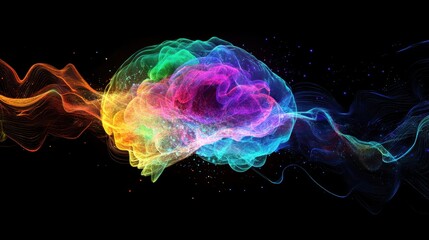 Obraz premium A vibrant, rainbow-colored brain surrounded by colorful swirling smoke against a dark background.