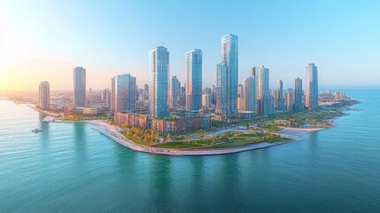 Fototapeta premium Modern Skyscrapers on a Peninsula with Water and Blue Sky